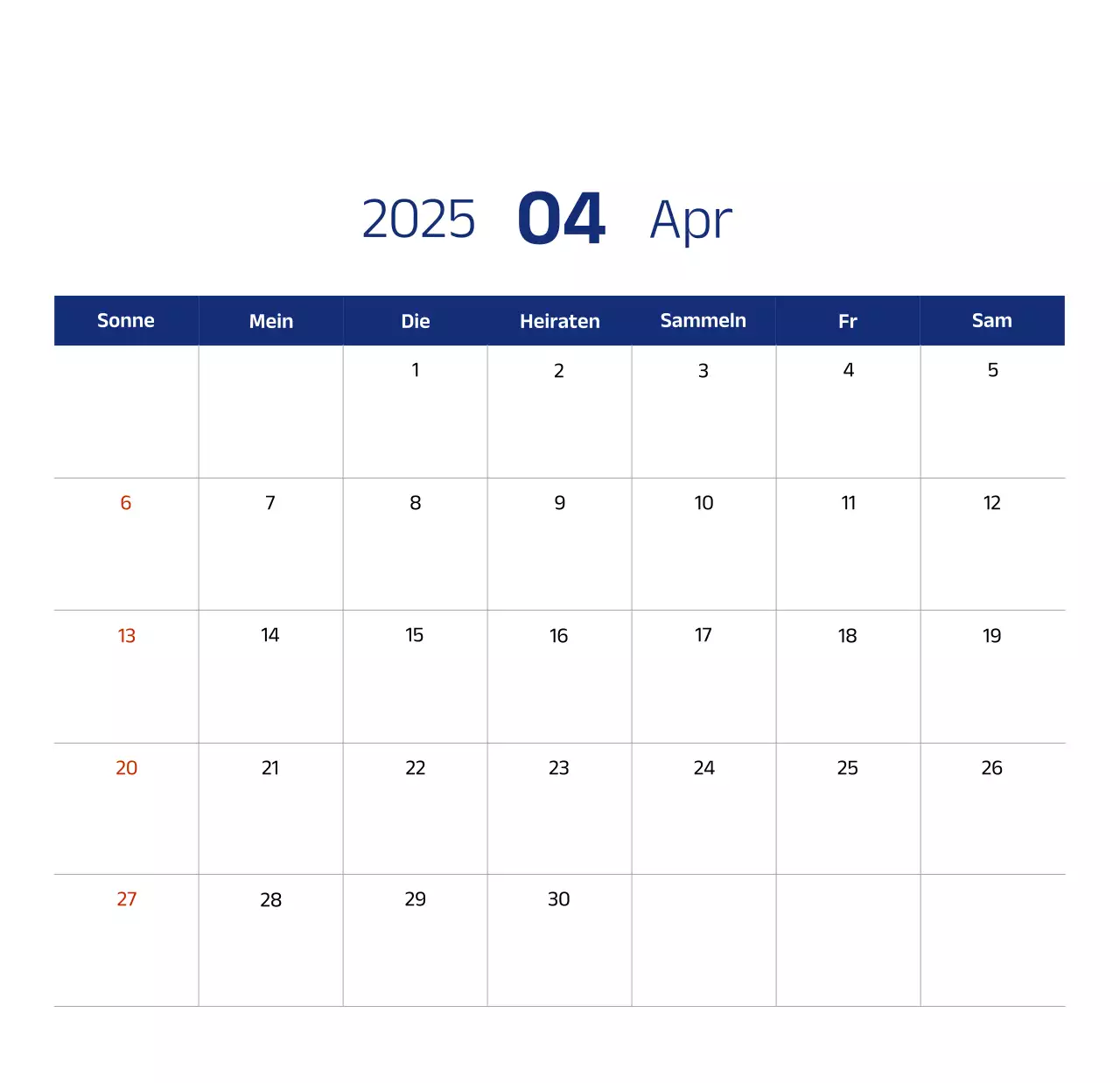 Einfacher Kalender mit blauen, klaren Illustrationen