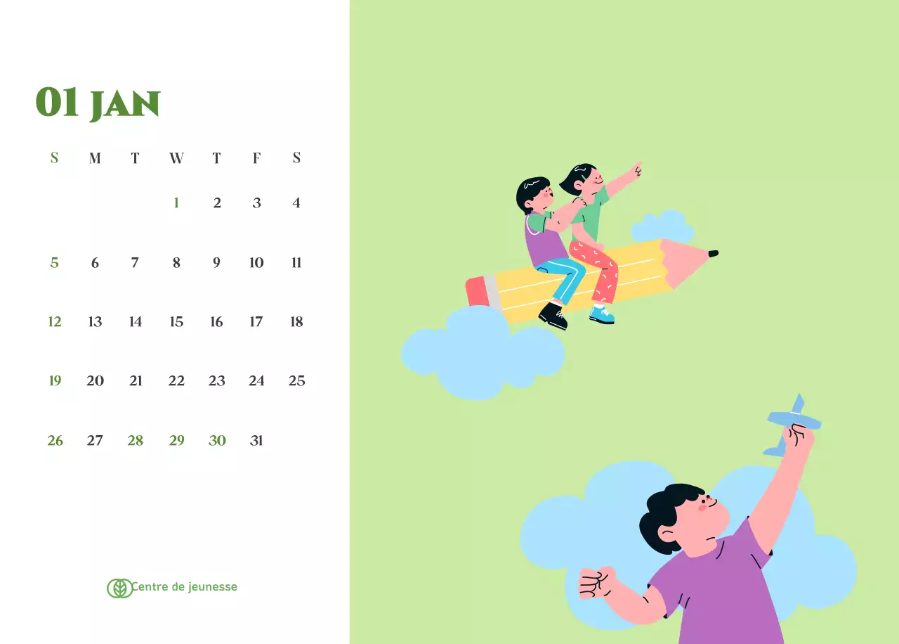 Calendrier avec illustrations de jeunes sur fond jaune-vert