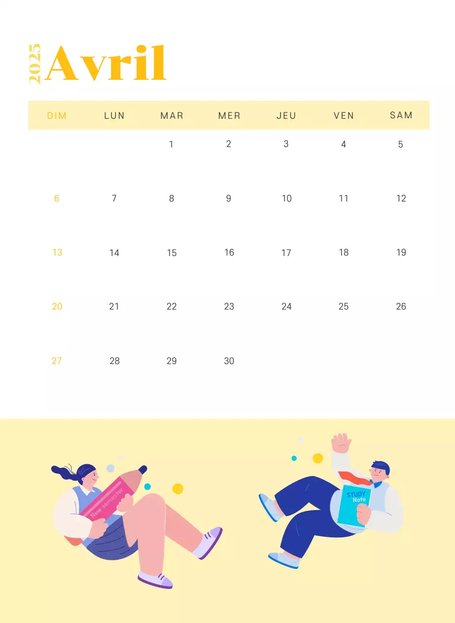 Calendrier avec illustrations de jeunes sur fond jaune-vert