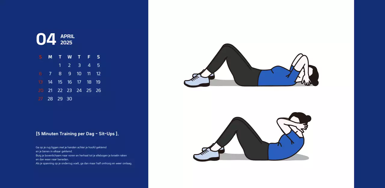 Eenvoudige kalender met blauwe, strakke illustraties