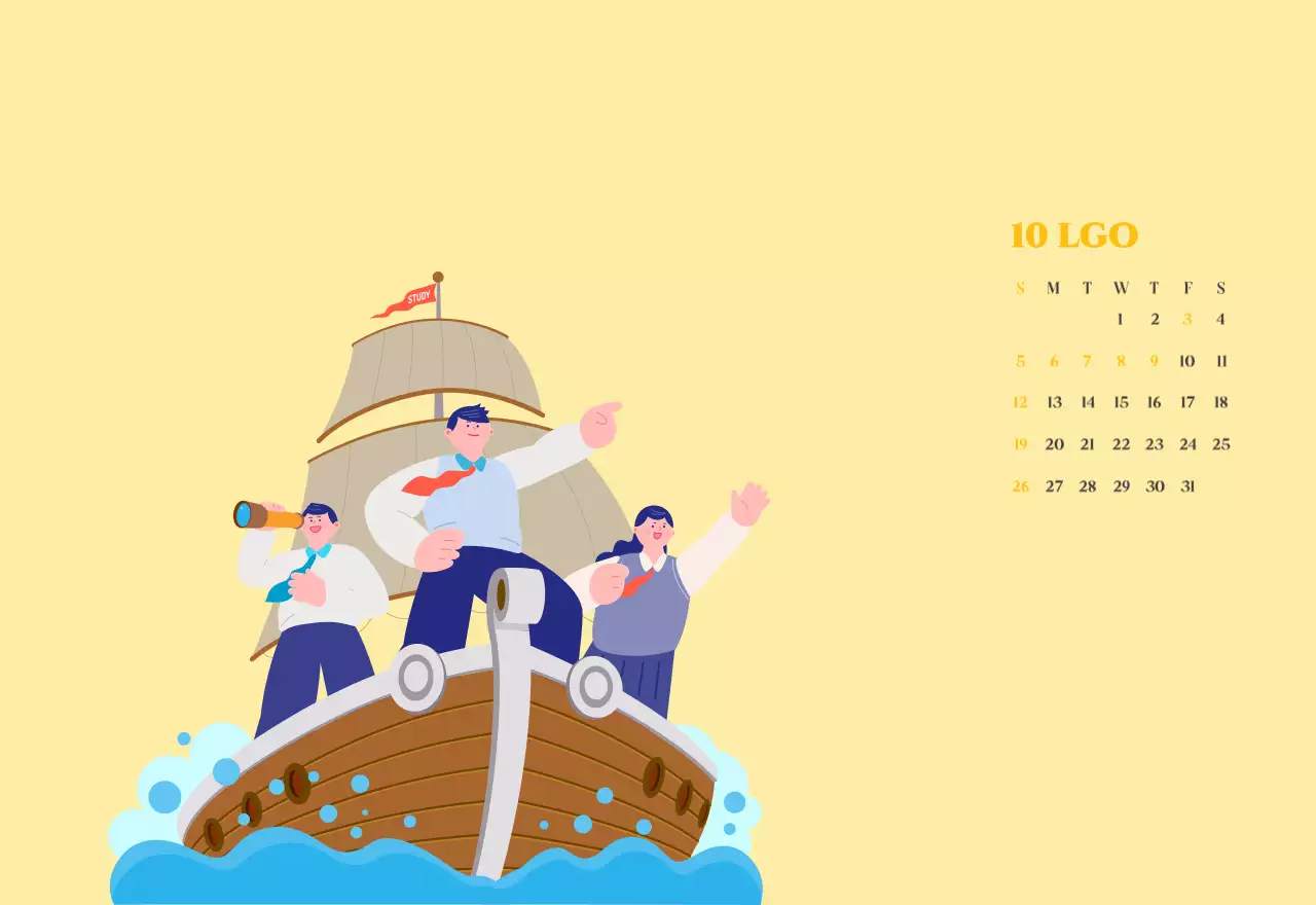 Kalender met jeugdillustraties op een geelgroene achtergrond