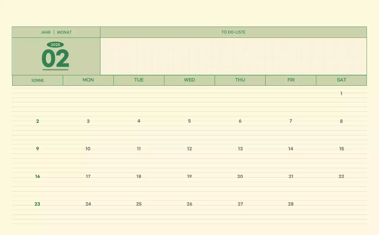 SAT D-Day Notizblock Konzept Wandkalender in grün und hellgelb