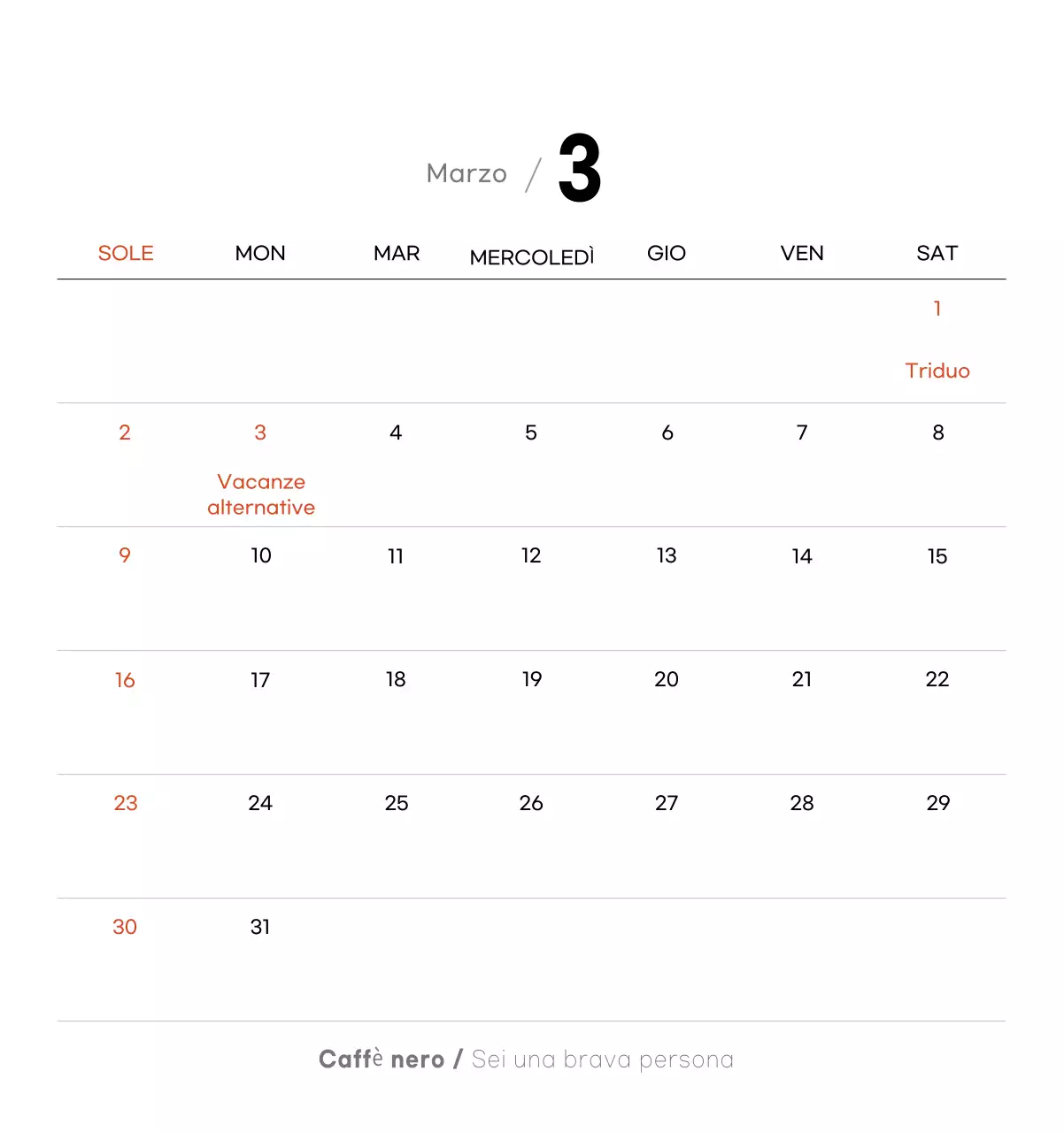 Calendario del caffè minimalista