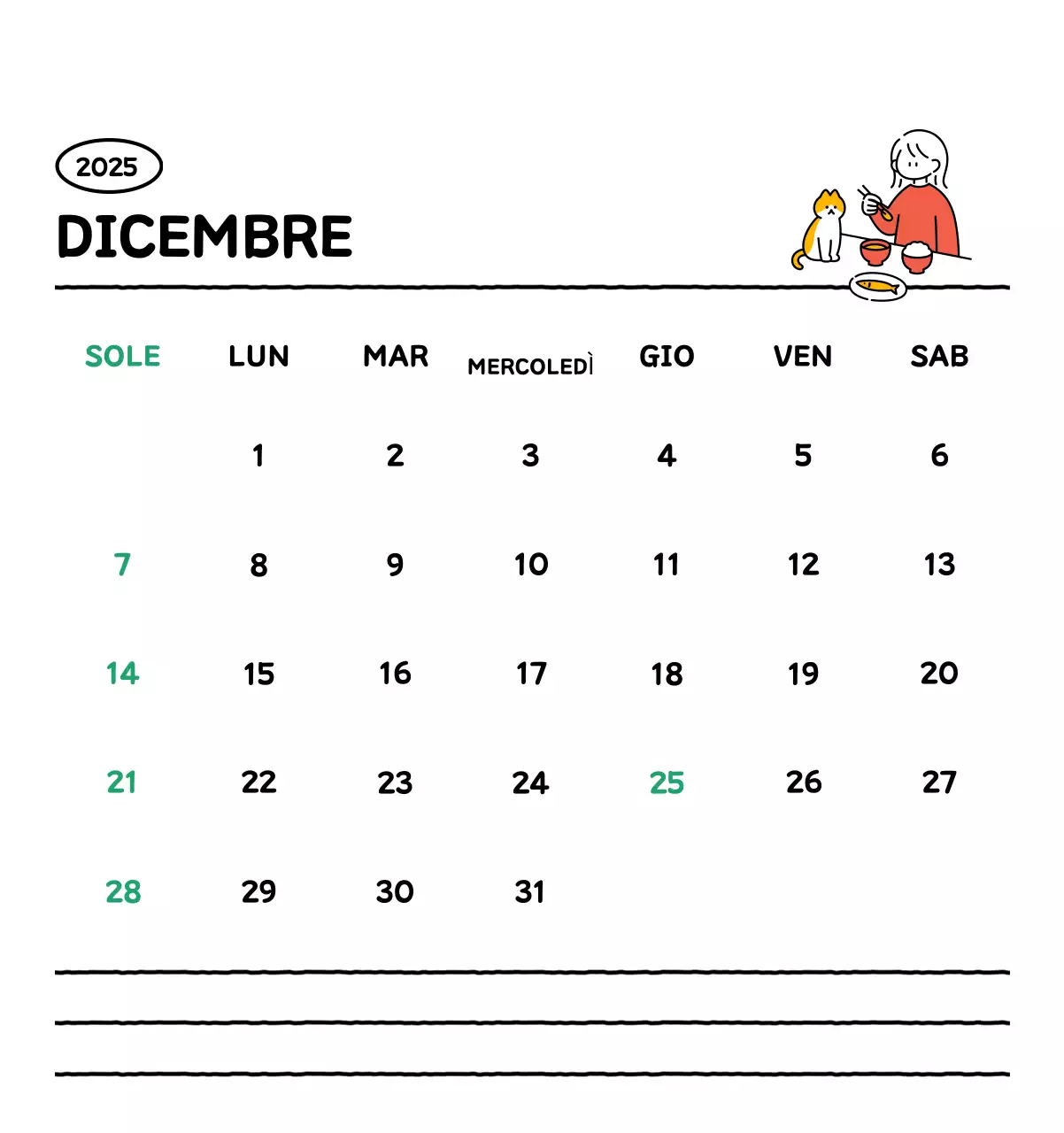 Calendario illustrato con un grazioso stile di linee