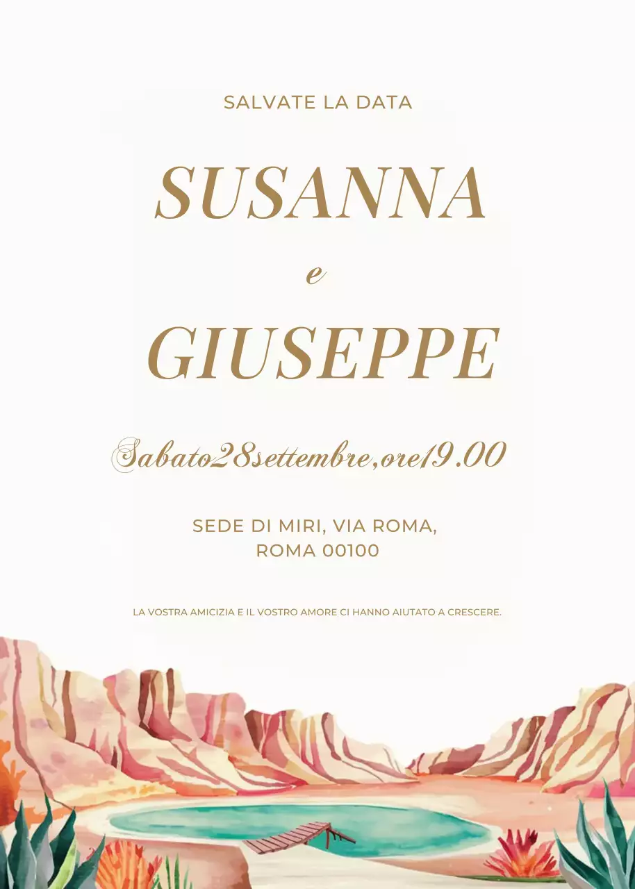 Invito di nozze beige arancio blu stile elagante