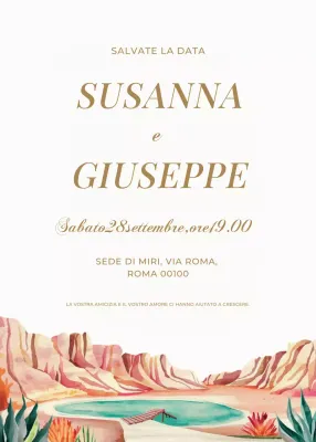 Invito di nozze beige arancio blu stile elagante