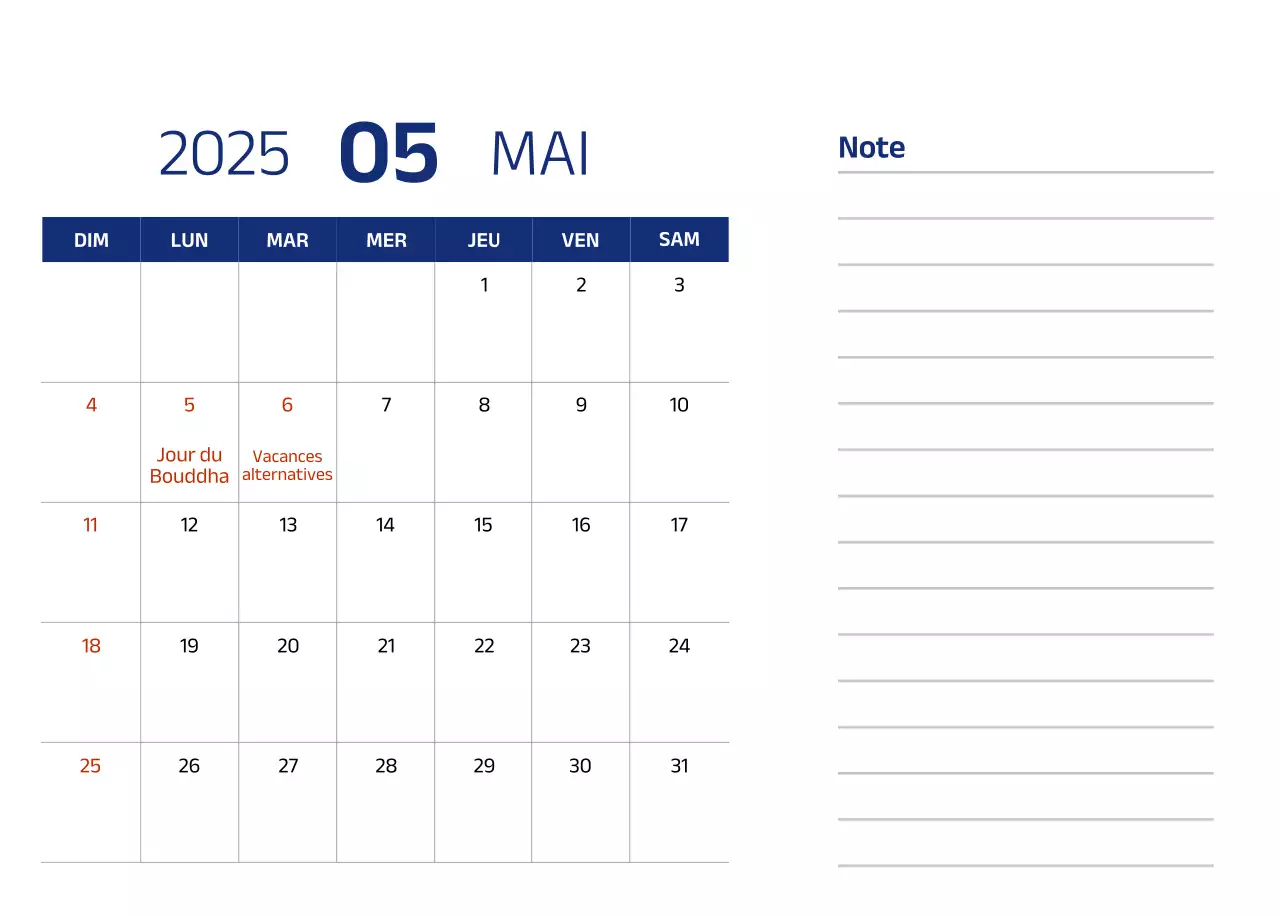 Calendrier simple avec des illustrations bleues et épurées