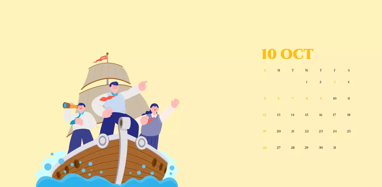 Calendrier avec illustrations de jeunes sur fond jaune-vert