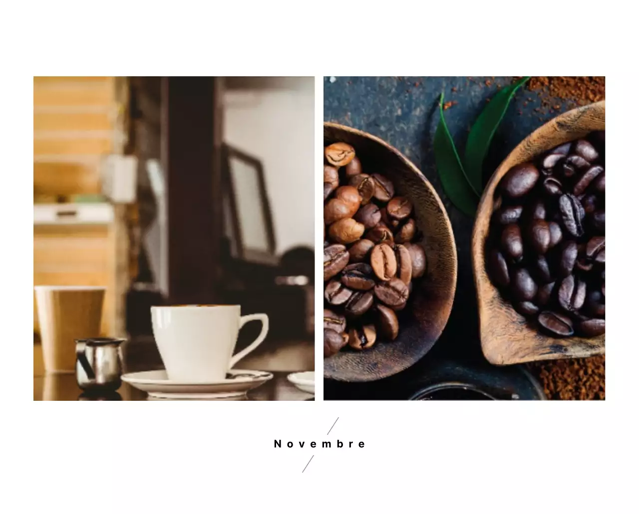 Semplice calendario da tavolo con foto di caffè per bar nei toni del bianco