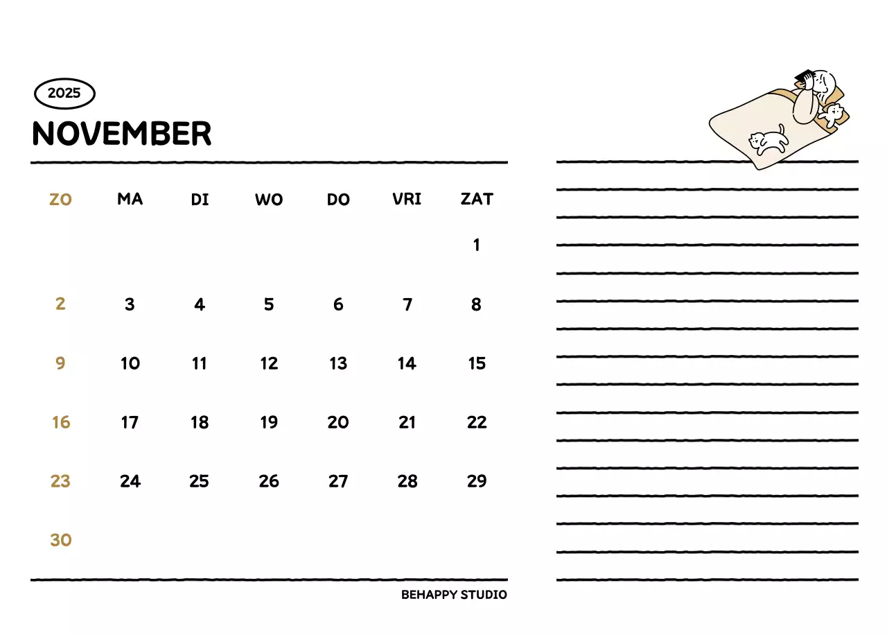 Geïllustreerde kalender met een mooie lijnstijl