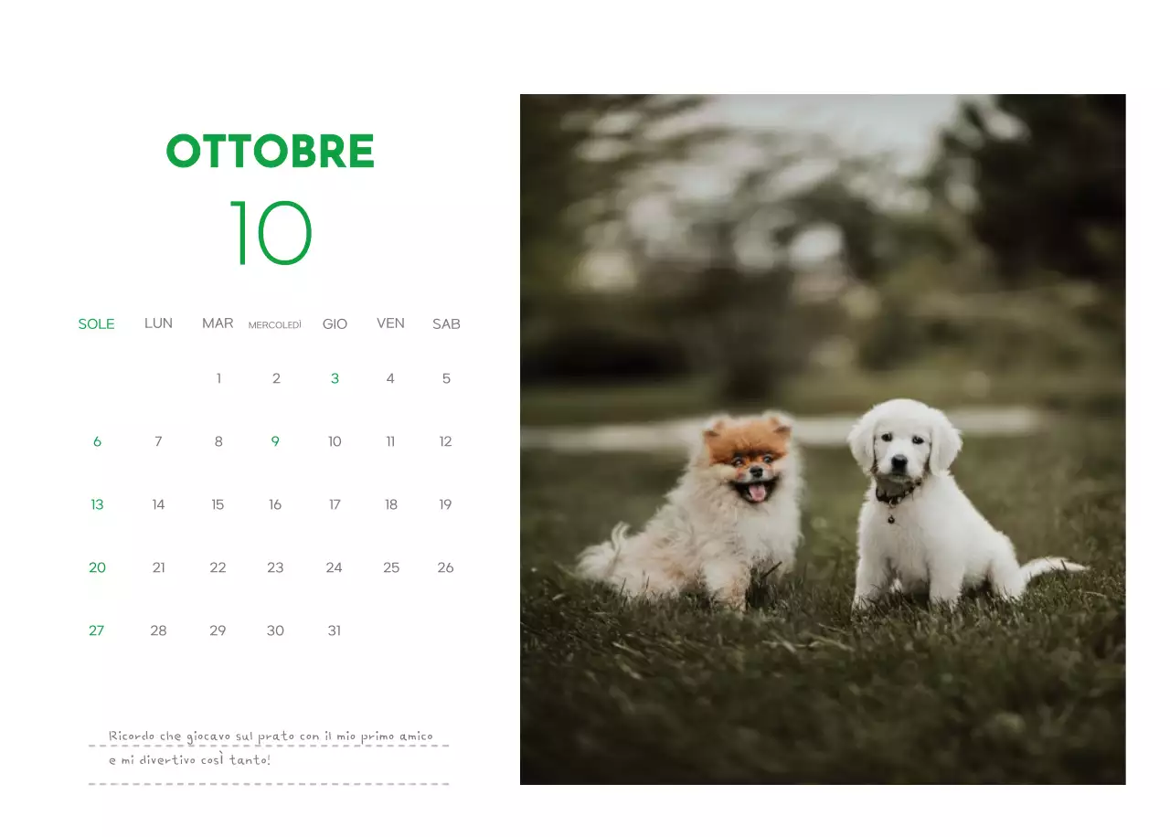 Un calendario con la foto di un cucciolo e un simpatico messaggio in colore verde.