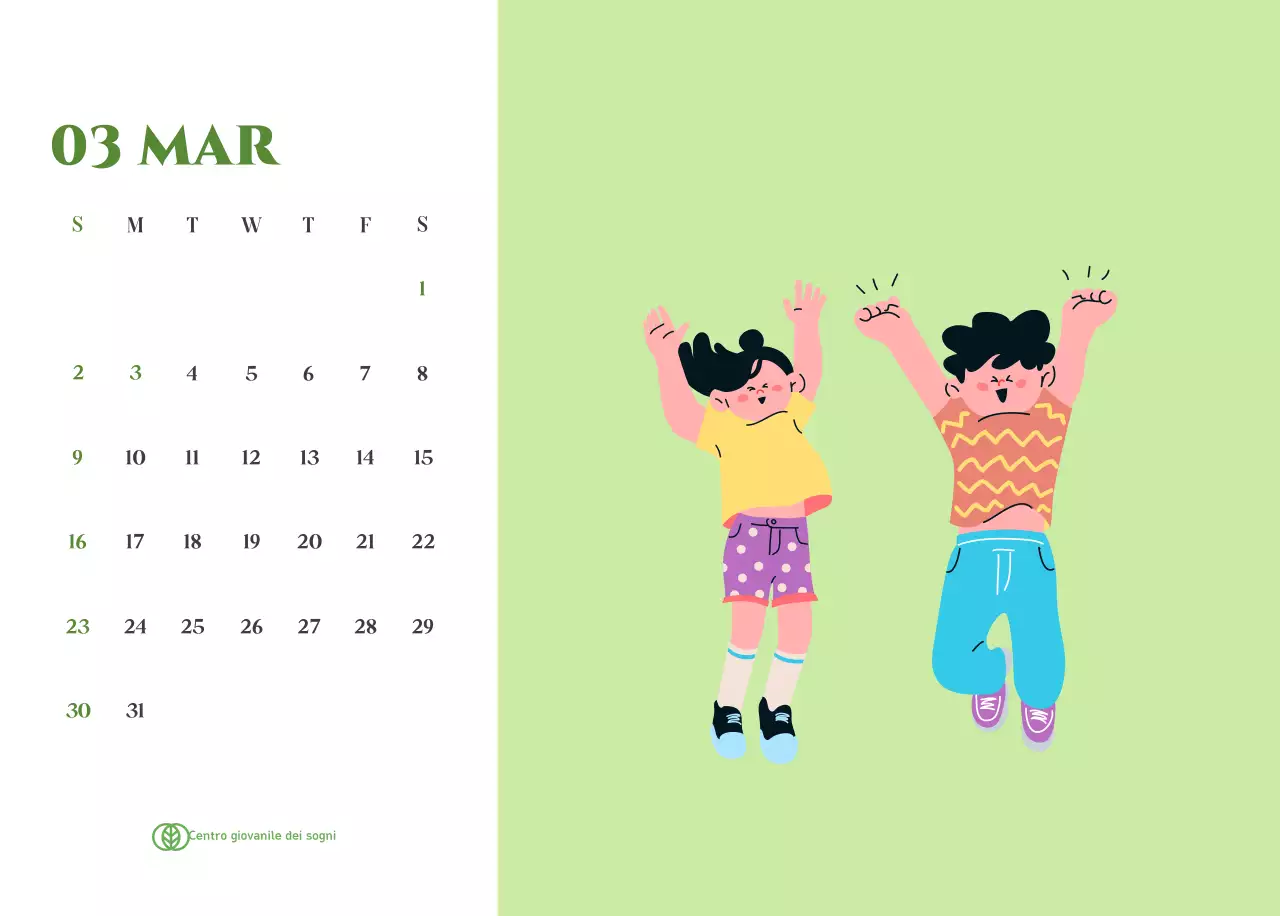 Calendario con illustrazioni giovanili su sfondo giallo-verde