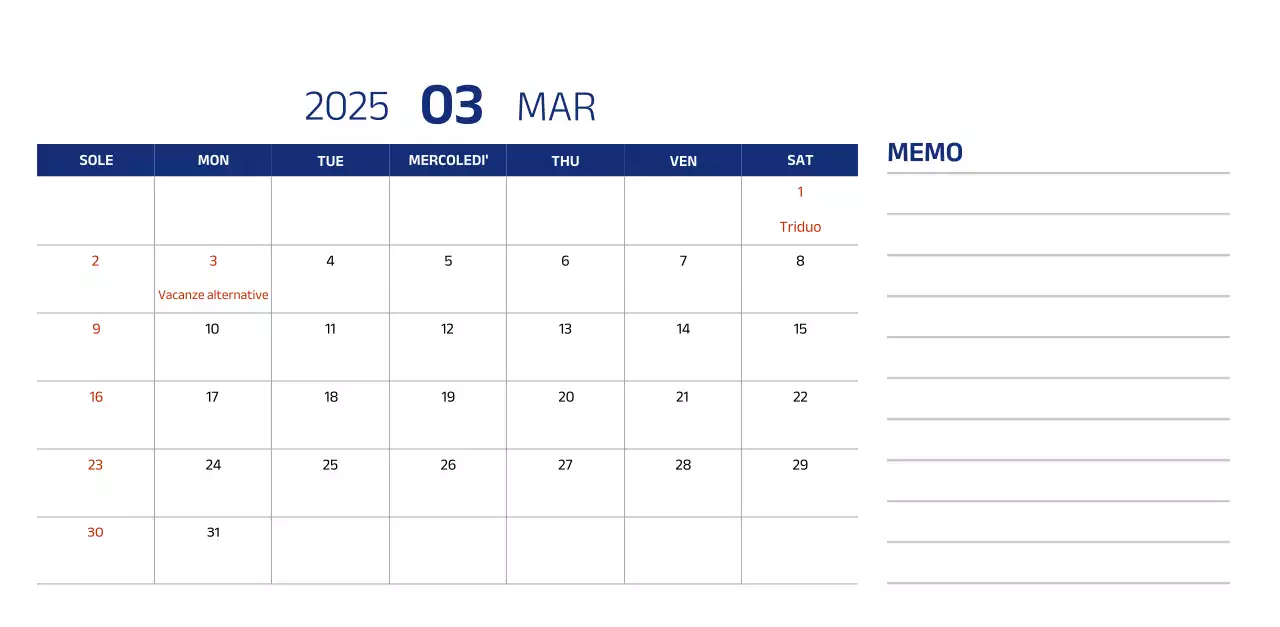 Calendario semplice con illustrazioni blu e pulite