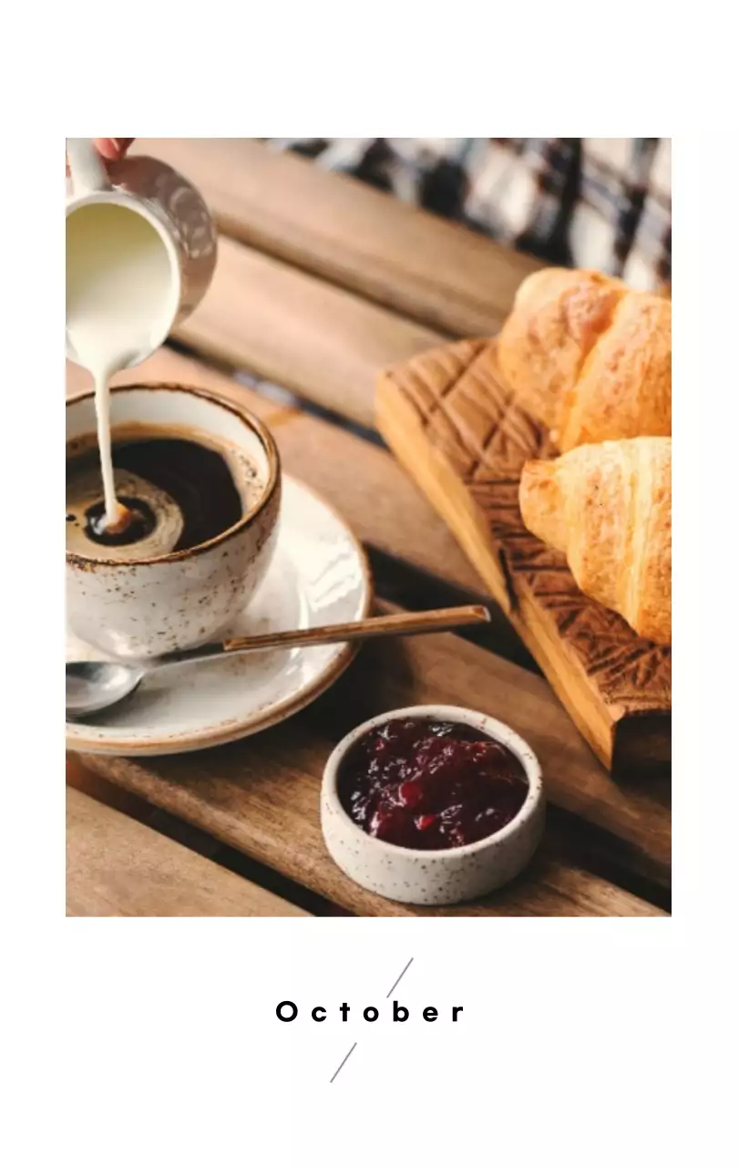 ホワイトトーンのシンプルなコーヒー写真カフェ用卓上カレンダー