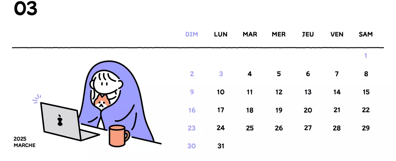 Calendrier illustré avec un joli style de lignes