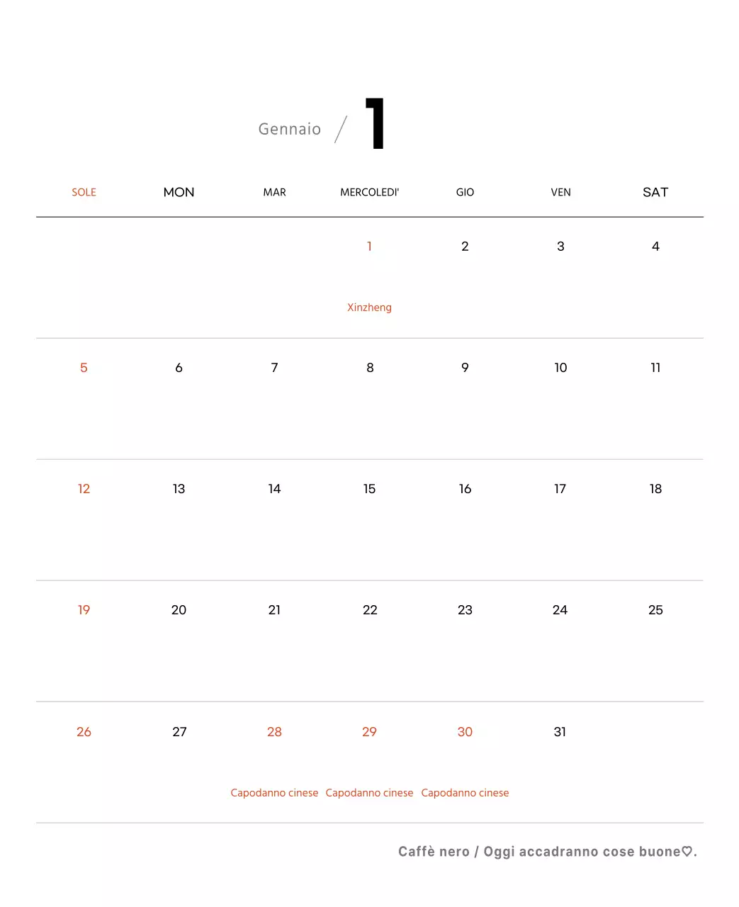 Semplice calendario da tavolo con foto di caffè per bar nei toni del bianco