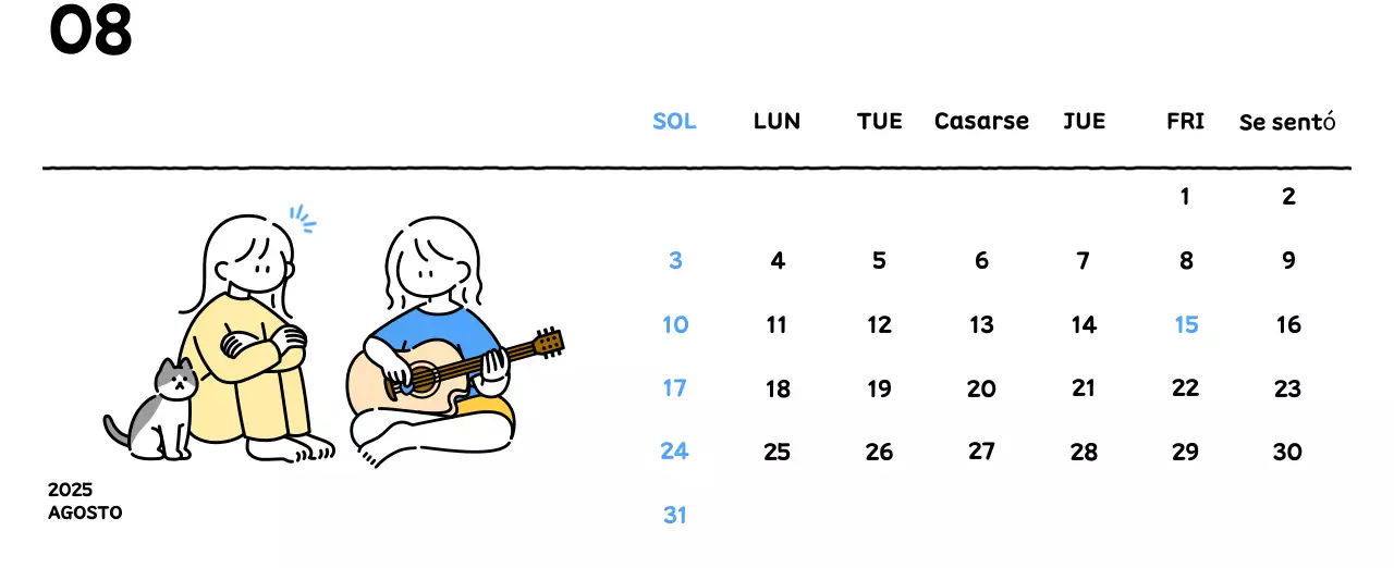 Calendario ilustrado con un bonito estilo de líneas