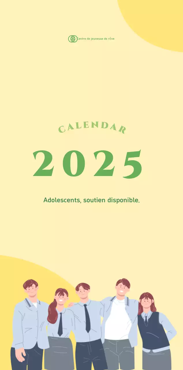 Calendrier avec illustrations de jeunes sur fond jaune-vert