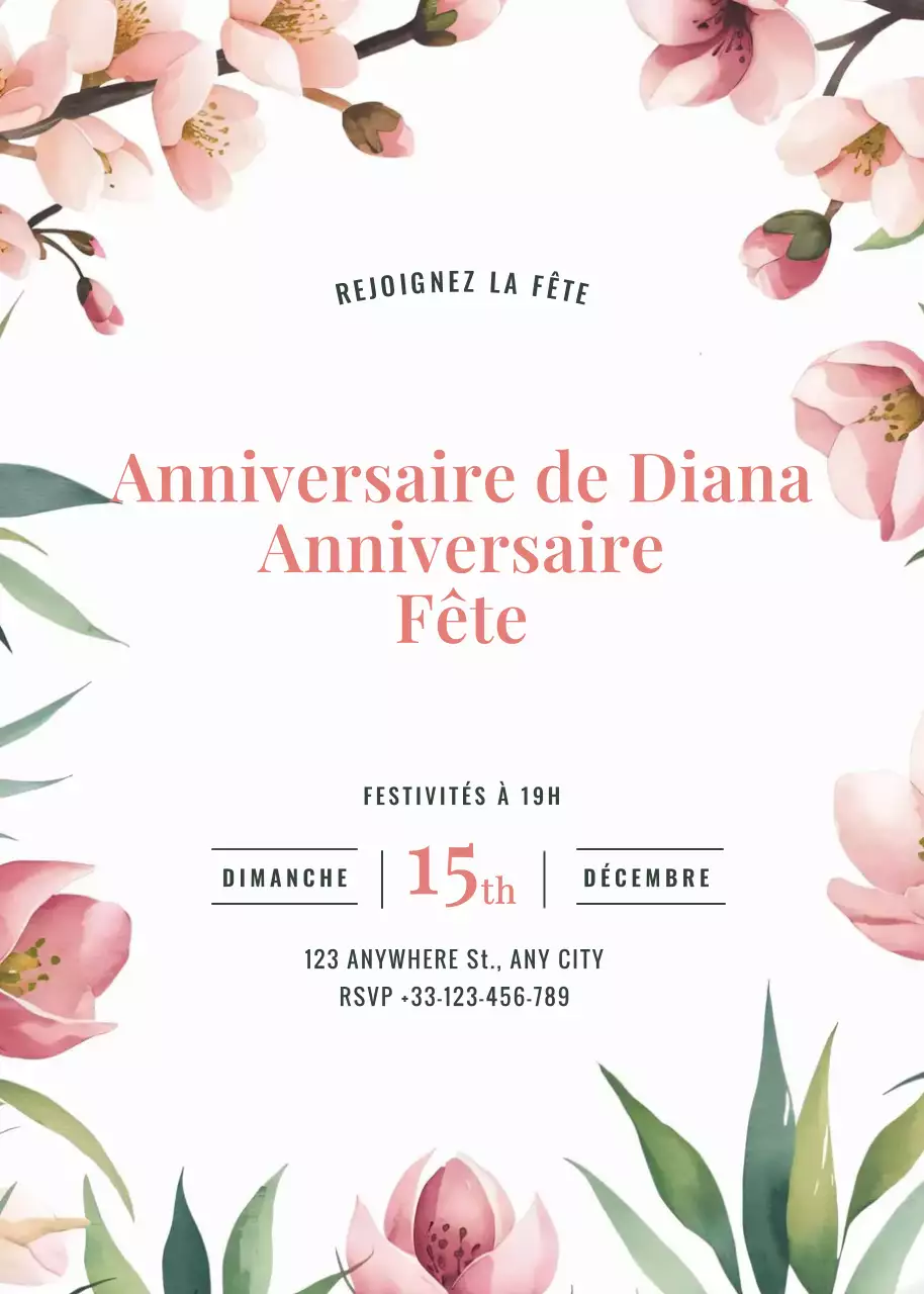Invitation d'anniversaire rose vert floral