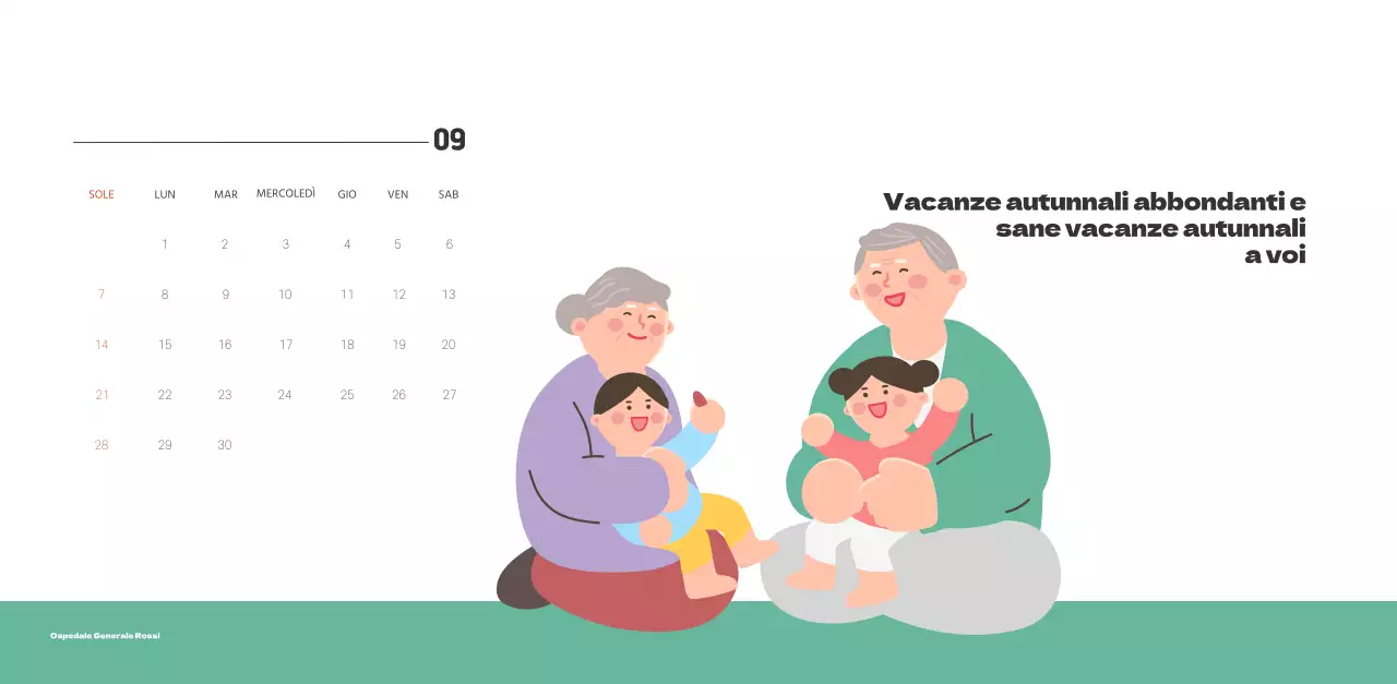 Un ospedale festivo con illustrazioni a tema salute e famiglia e accenti colorati