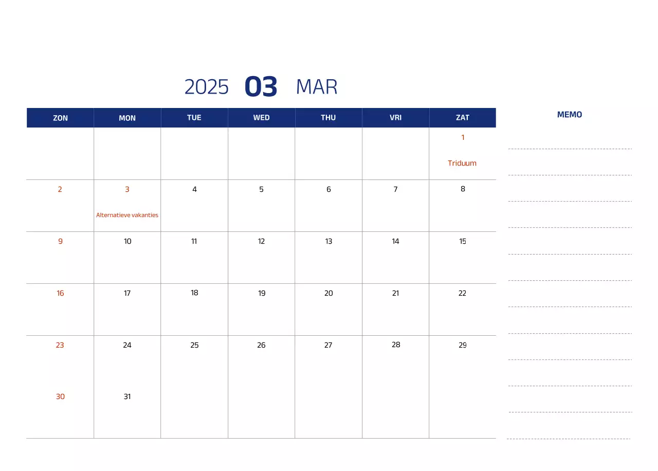 Eenvoudige kalender met blauwe, strakke illustraties