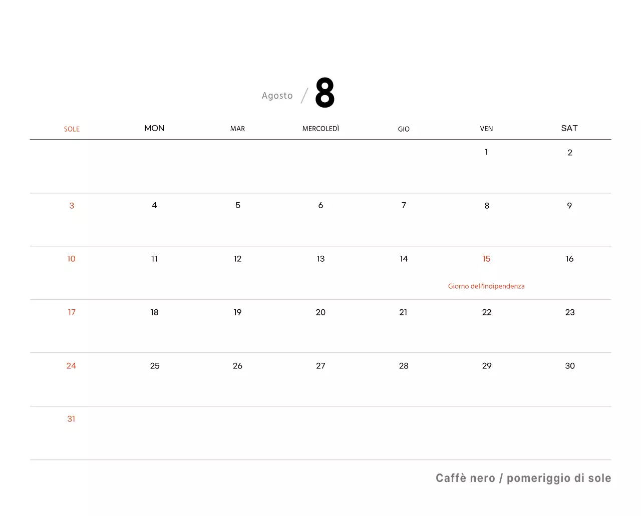 Semplice calendario da tavolo con foto di caffè per bar nei toni del bianco