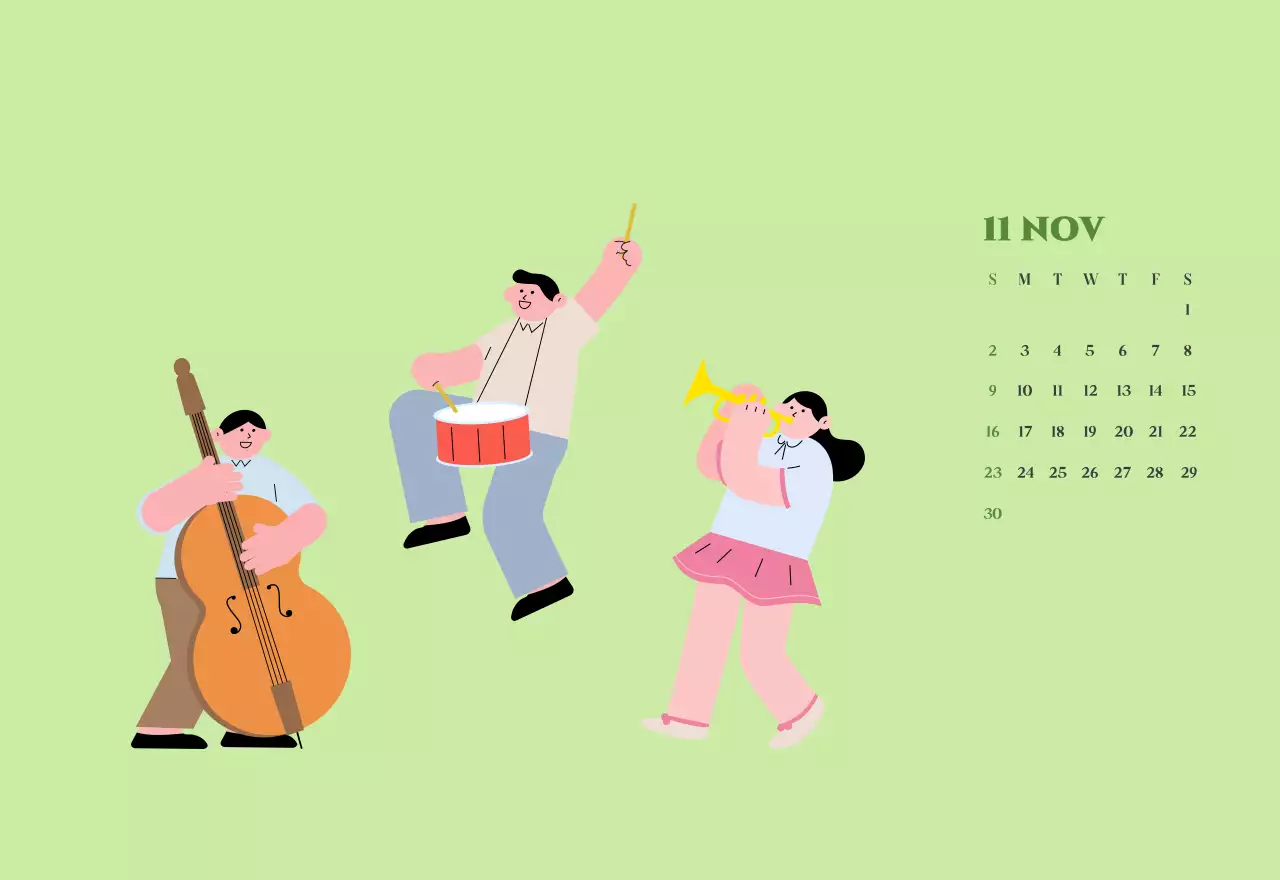 Kalender met jeugdillustraties op een geelgroene achtergrond