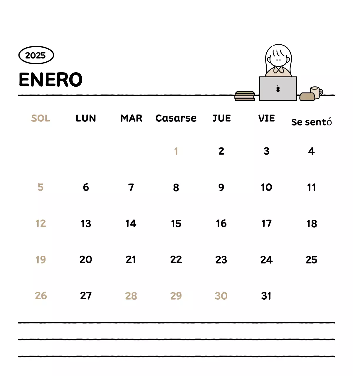 Calendario ilustrado con un bonito estilo de líneas
