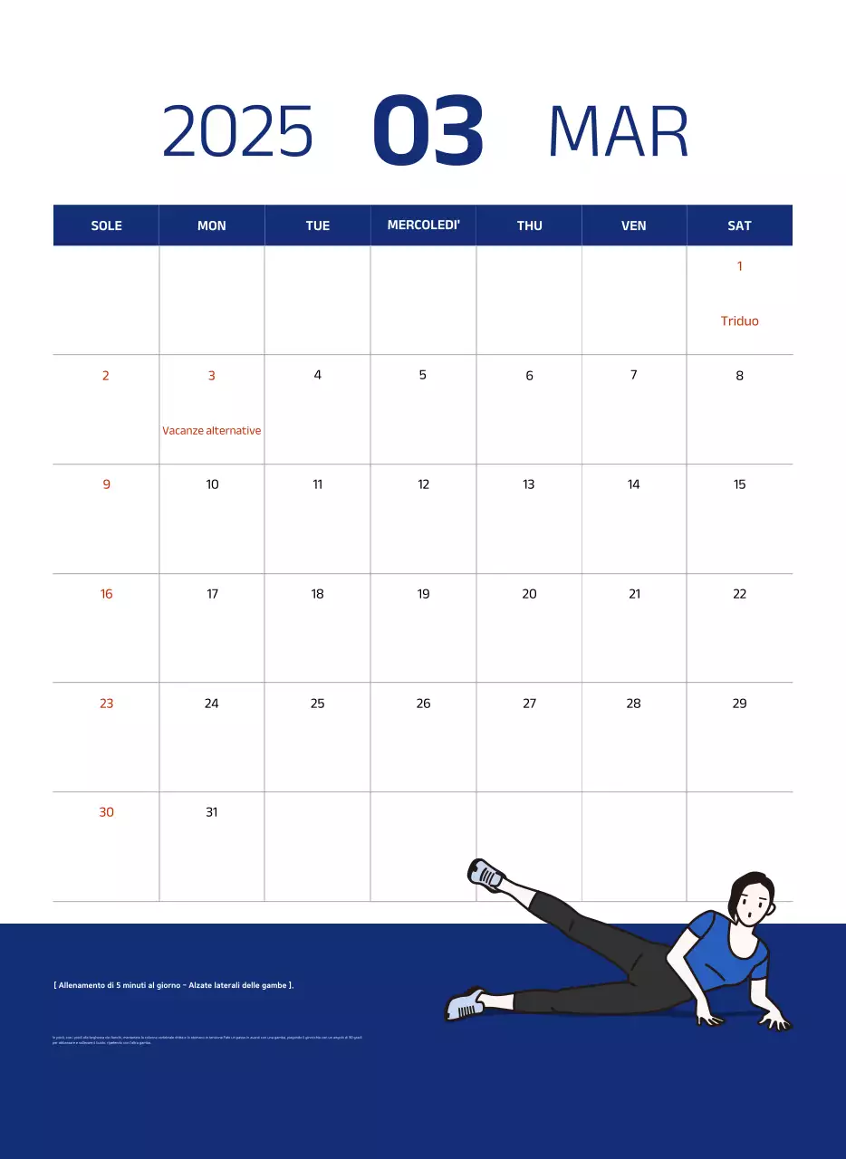 Calendario semplice con illustrazioni blu e pulite