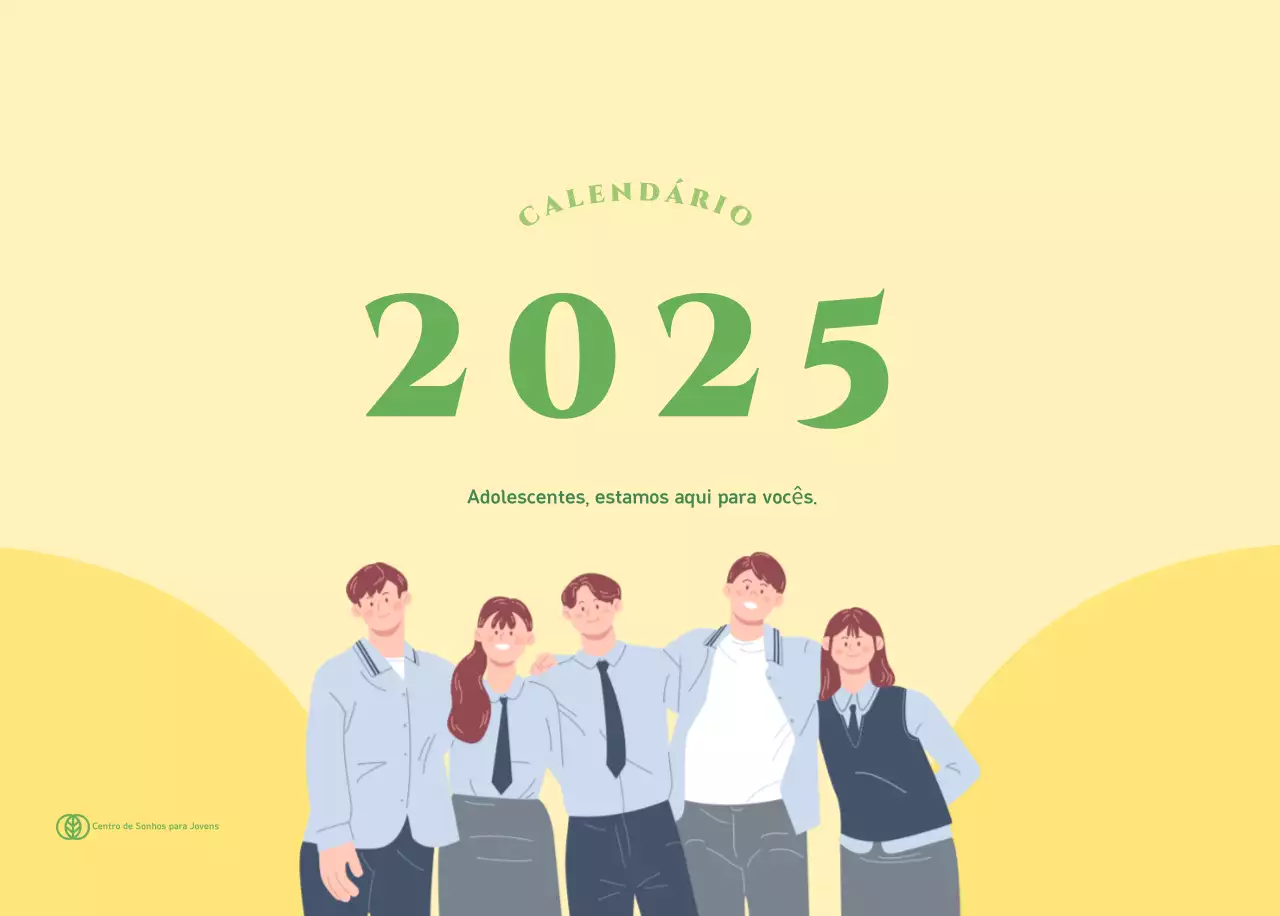 Calendário com ilustrações de jovens num fundo amarelo-verde