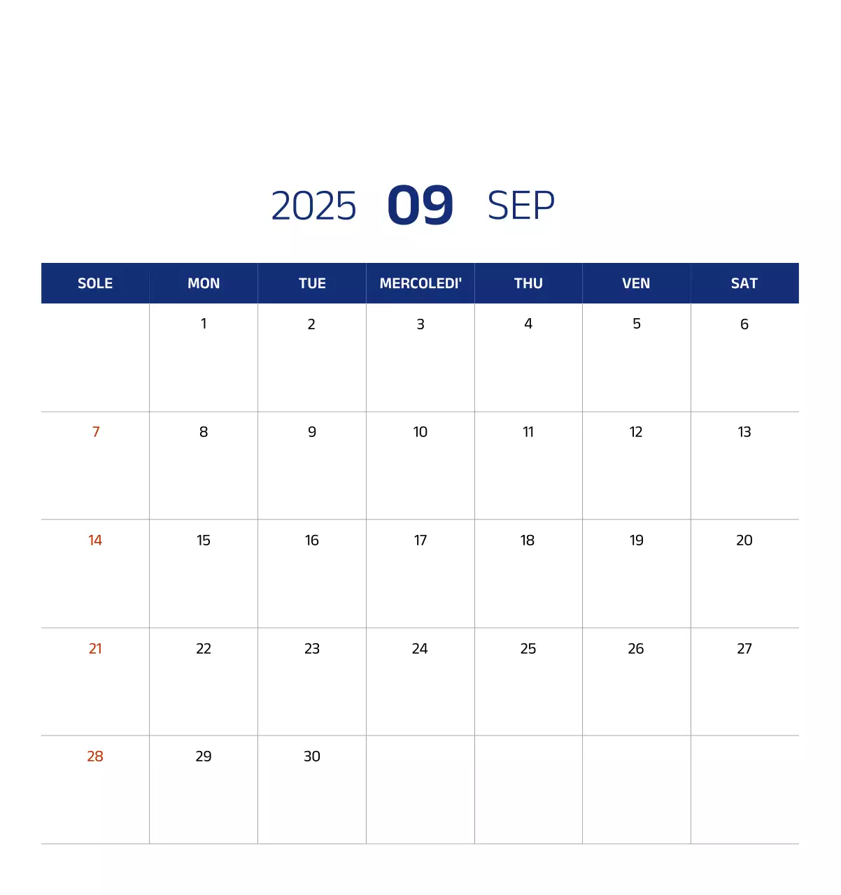 Calendario semplice con illustrazioni blu e pulite