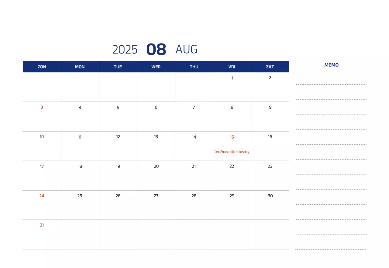 Eenvoudige kalender met blauwe, strakke illustraties