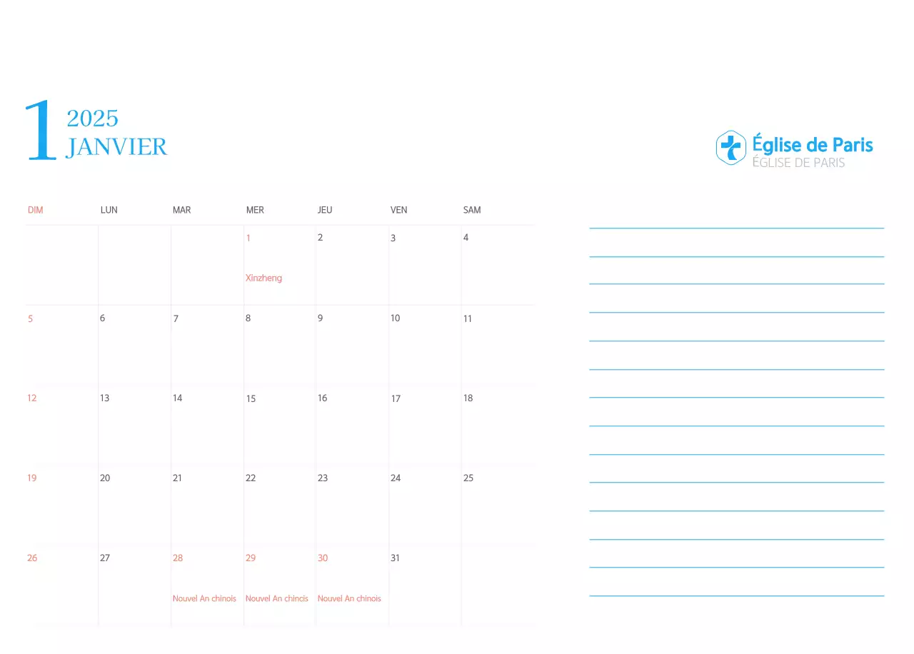 Calendrier d'église moderne bleu