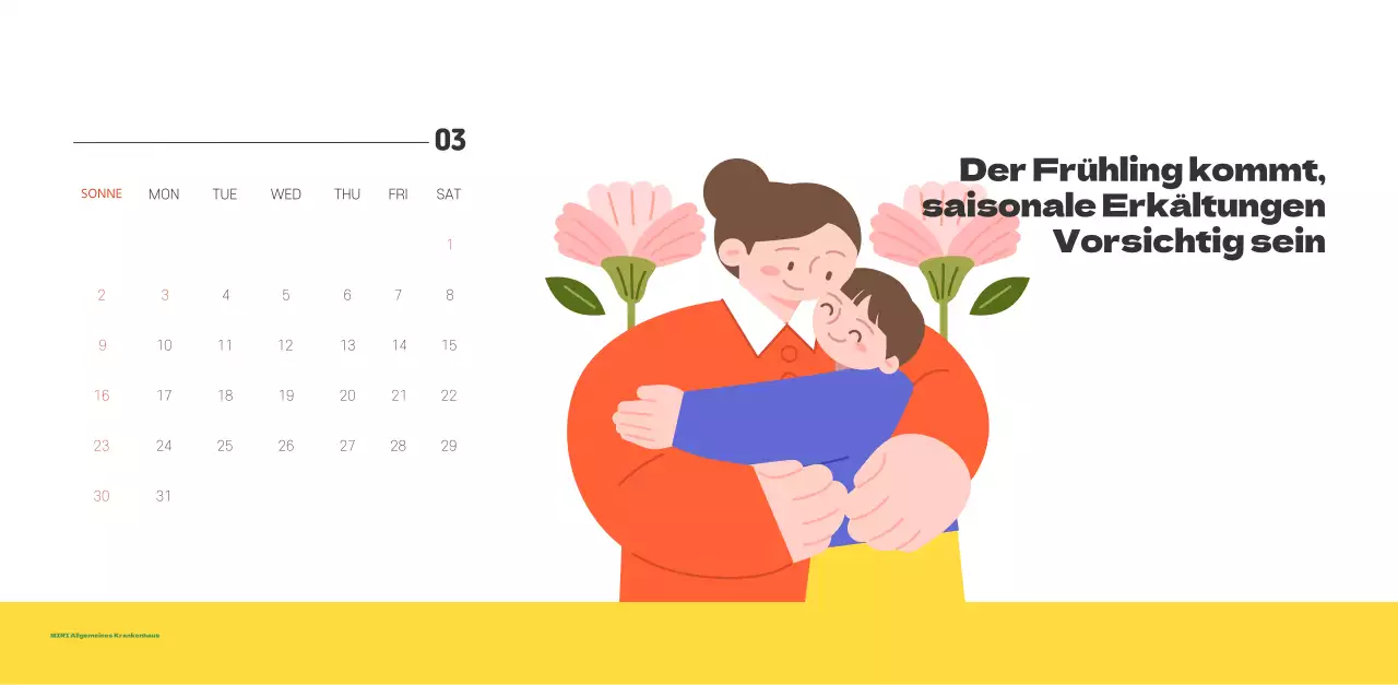 Ein festliches Krankenhaus mit Illustrationen zum Thema Gesundheit und Familie und farbenfrohen Akzenten