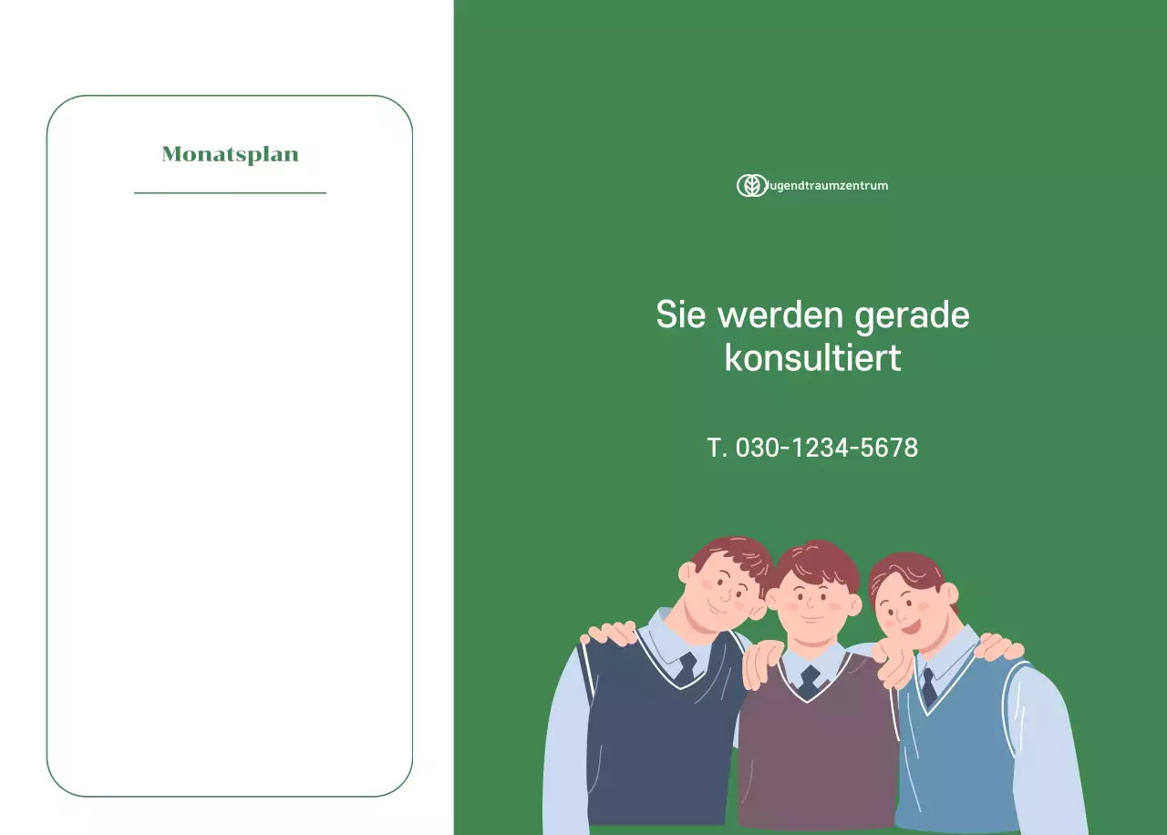 Kalender mit Jugendillustrationen auf gelb-grünem Hintergrund