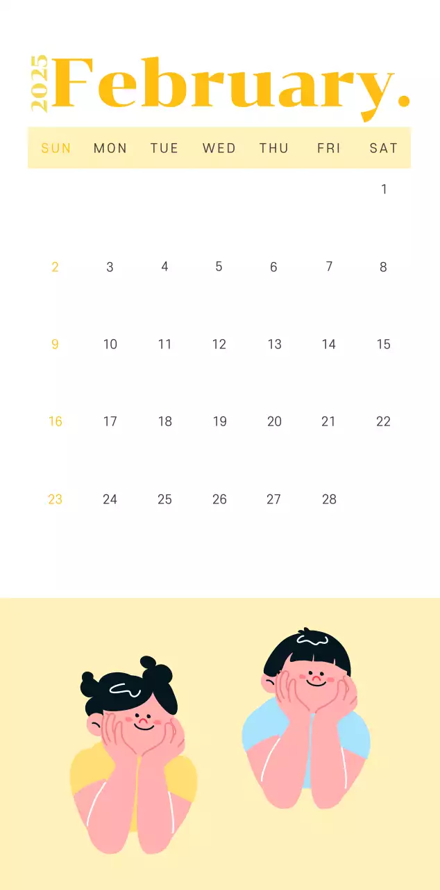 Calendar with youth illustrations on a yellow-green background