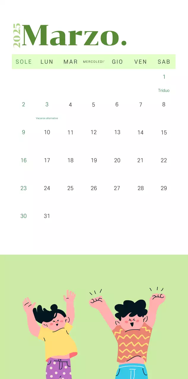 Calendario con illustrazioni giovanili su sfondo giallo-verde