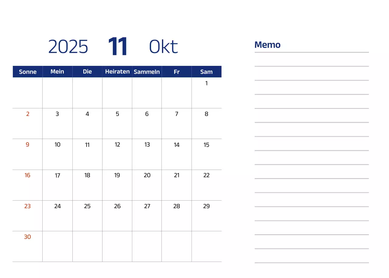 Einfacher Kalender mit blauen, klaren Illustrationen