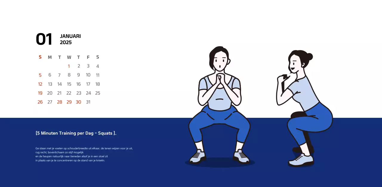 Eenvoudige kalender met blauwe, strakke illustraties