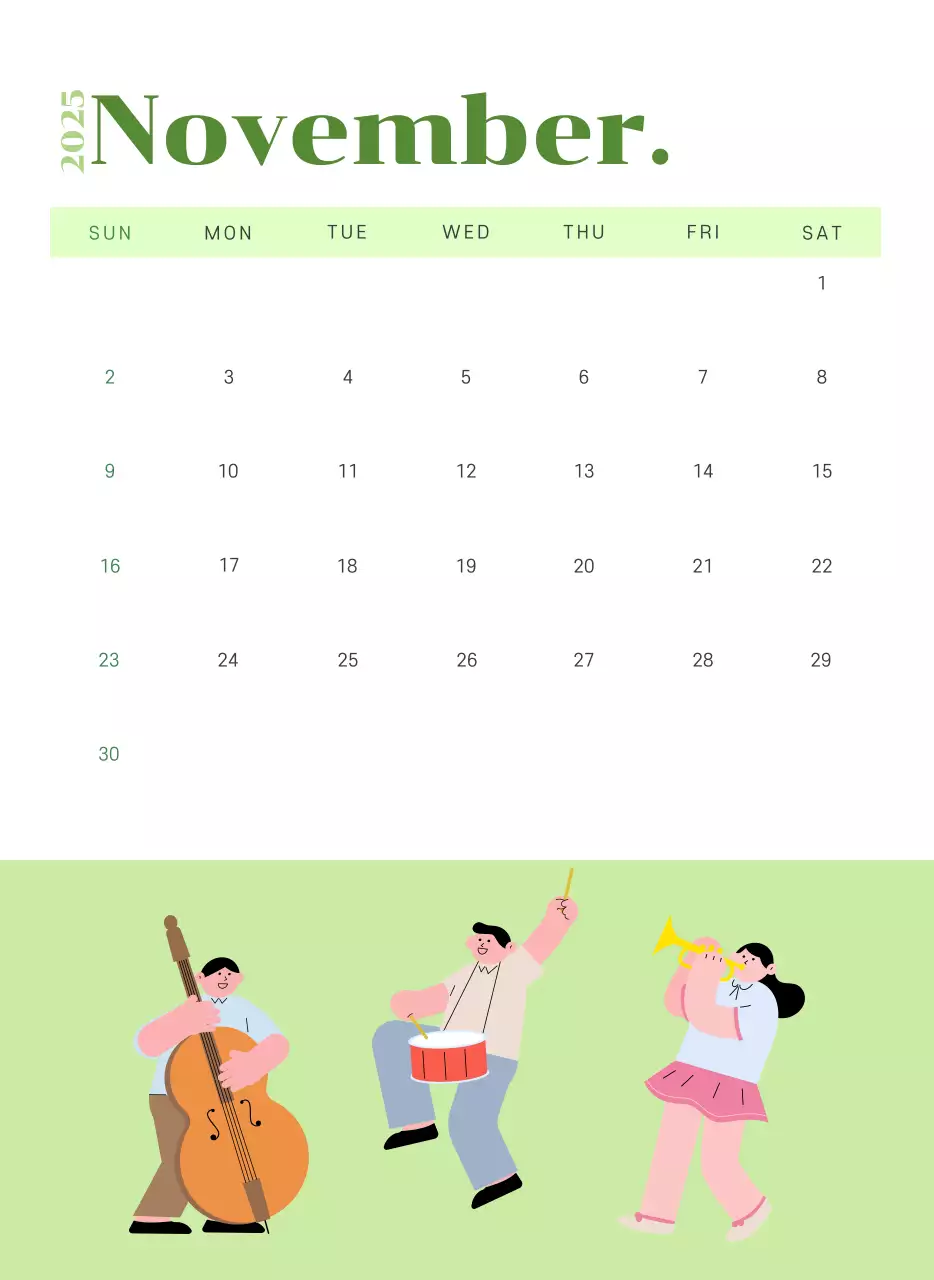 Kalender dengan ilustrasi anak muda dengan latar belakang kuning-hijau