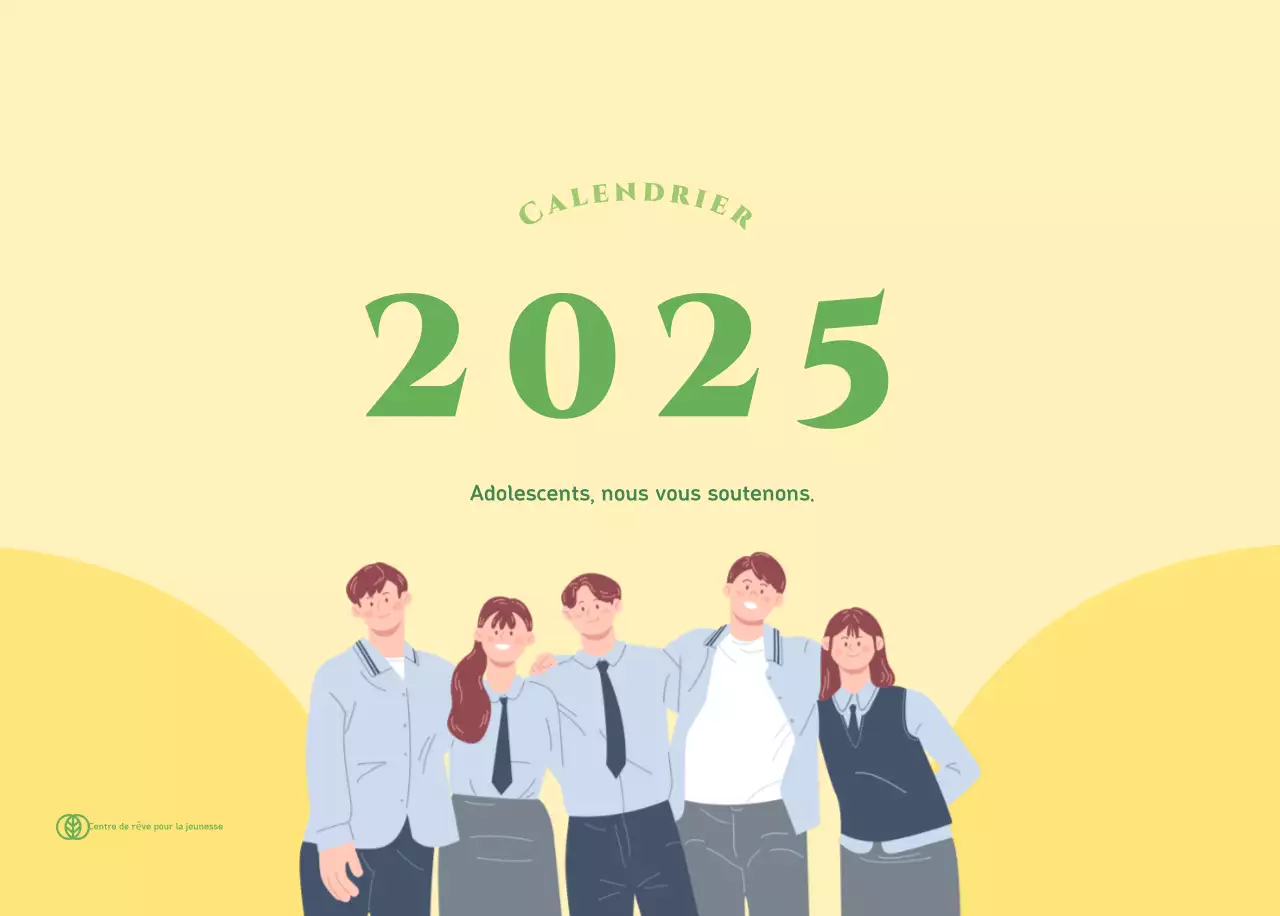 Calendrier avec illustrations de jeunes sur fond jaune-vert