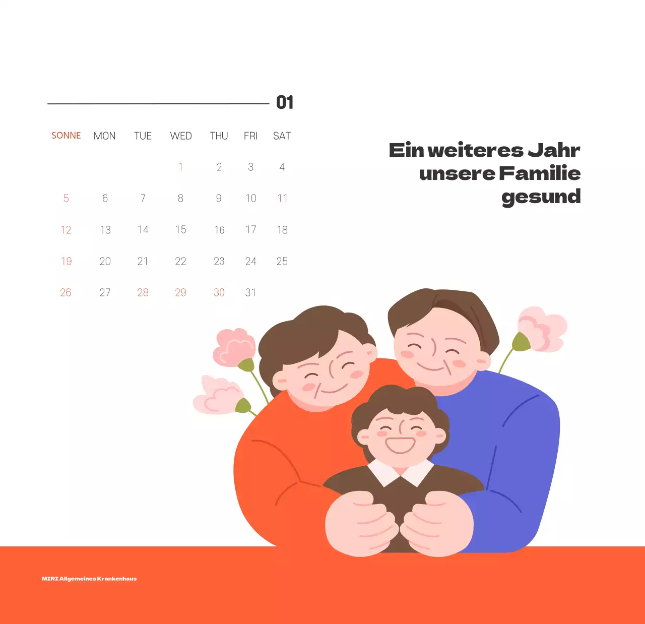 Ein festliches Krankenhaus mit Illustrationen zum Thema Gesundheit und Familie und farbenfrohen Akzenten