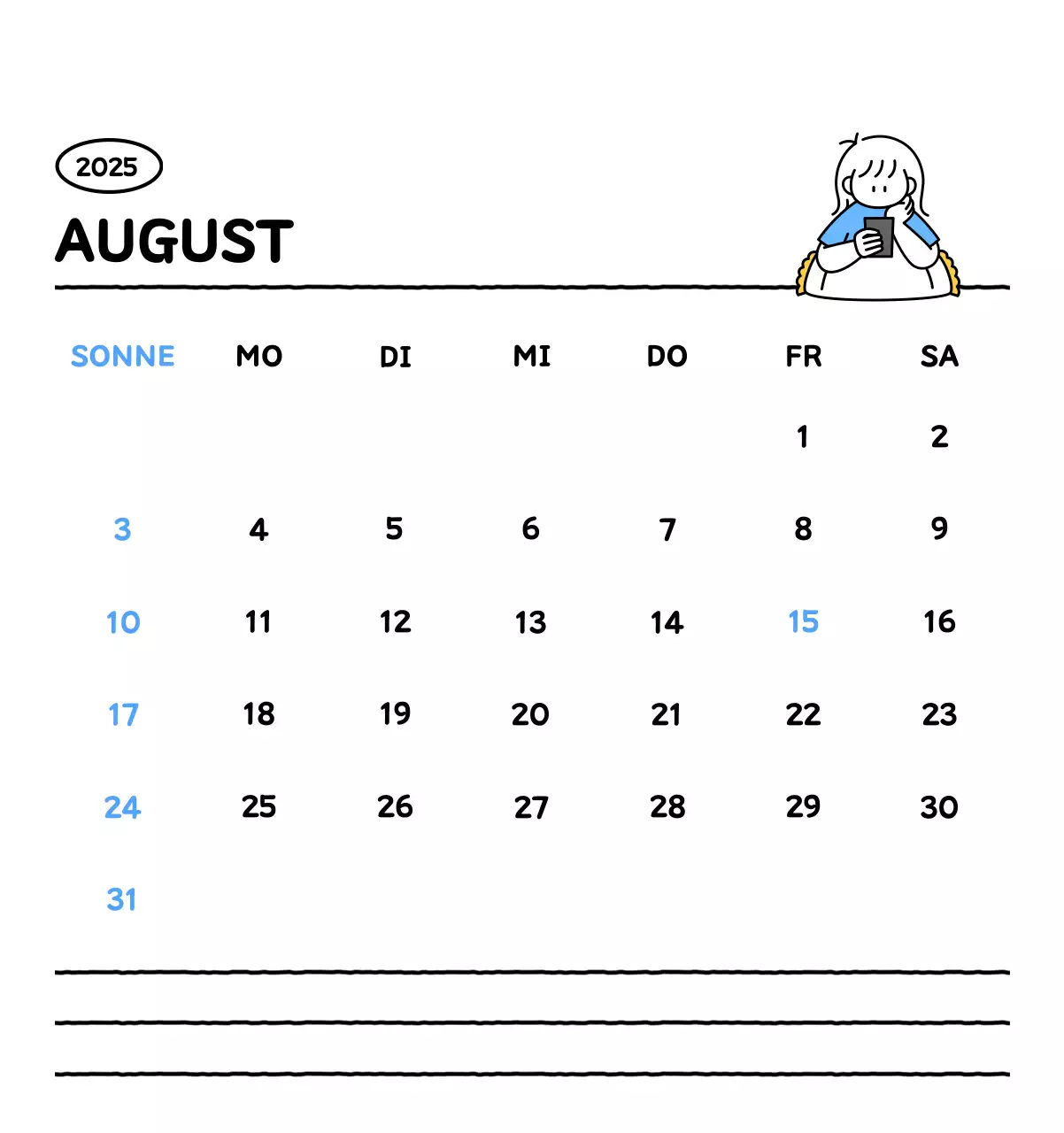 Illustrierter Kalender mit schönem Linienstil