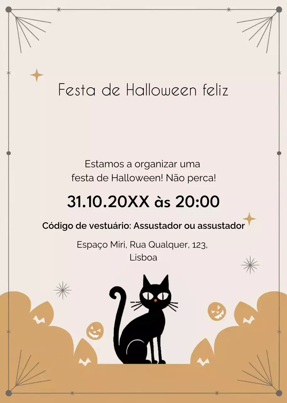 Convite de festa de Halloween bege preto laranja estilo moderno