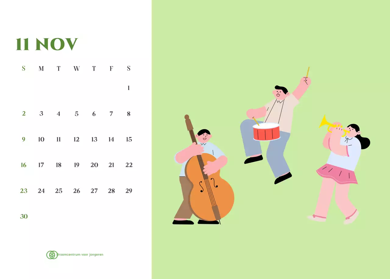 Kalender met jeugdillustraties op een geelgroene achtergrond