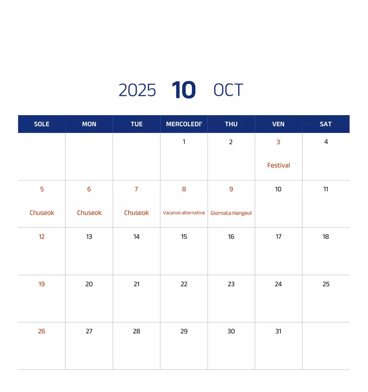 Calendario semplice con illustrazioni blu e pulite
