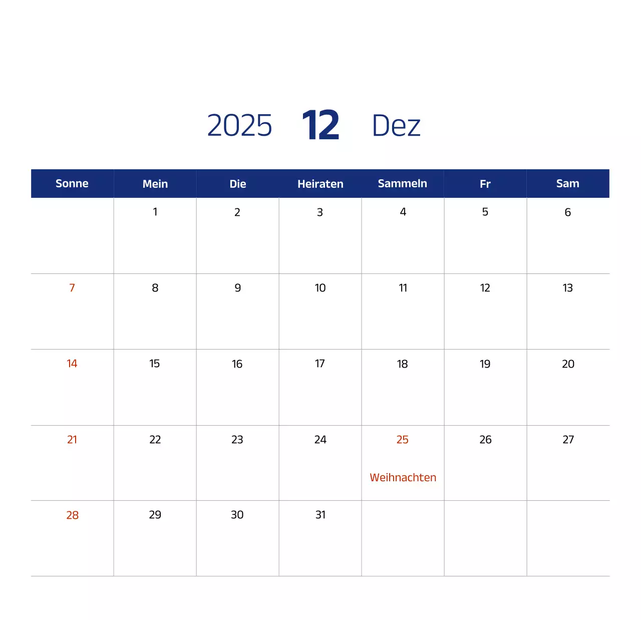 Einfacher Kalender mit blauen, klaren Illustrationen