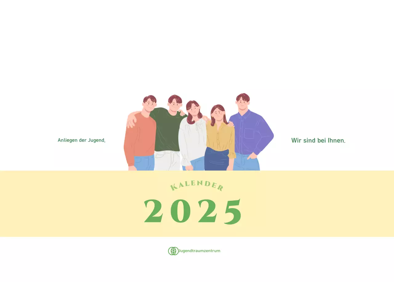 Kalender mit Jugendillustrationen auf gelb-grünem Hintergrund