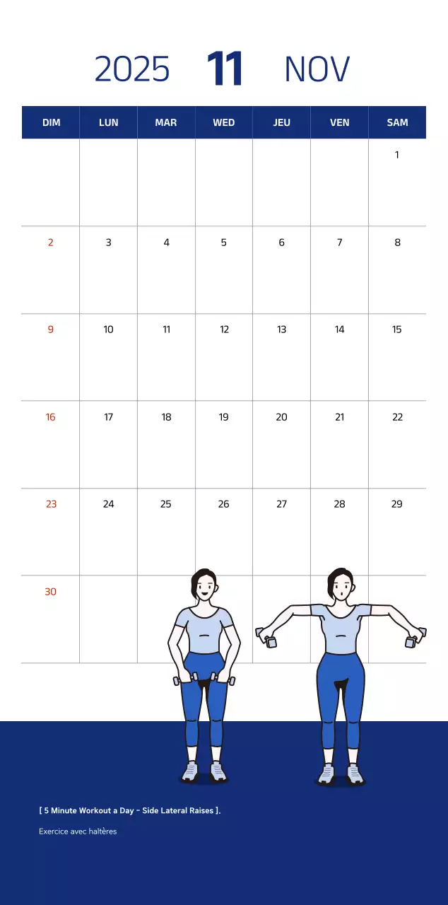 Calendrier simple avec des illustrations bleues et épurées