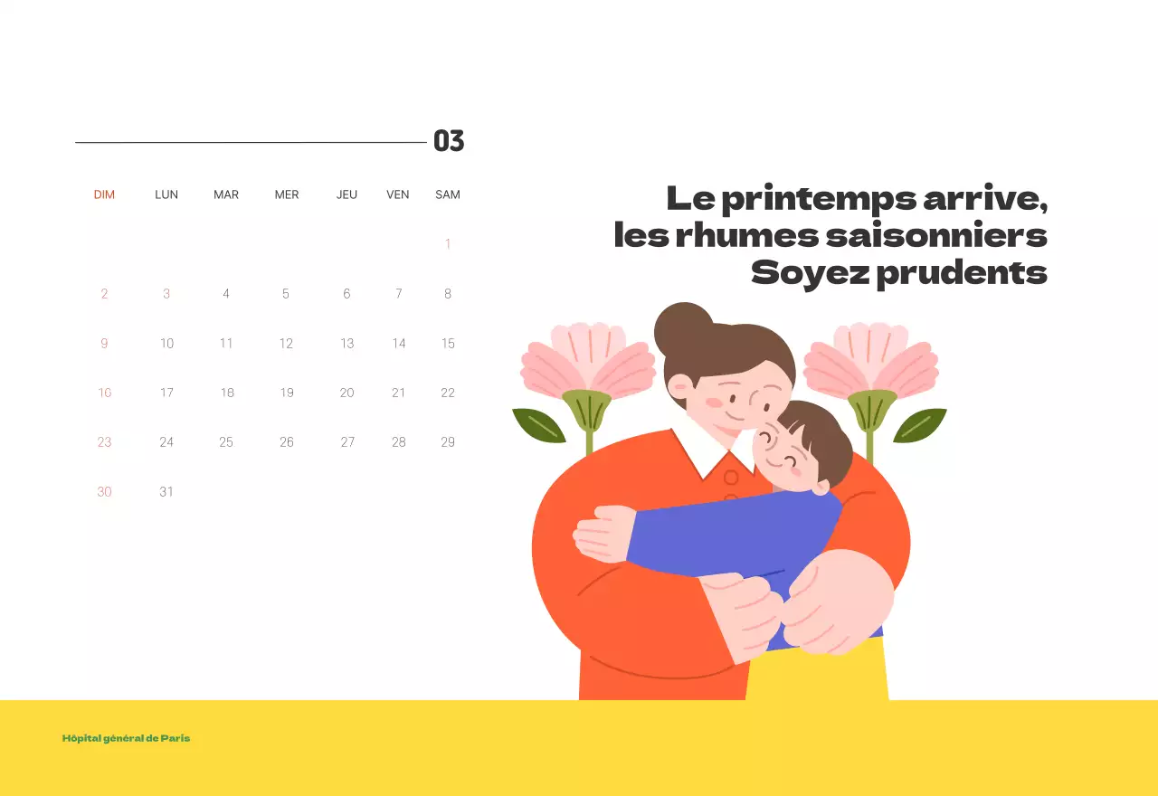 Un hôpital festif avec des illustrations sur le thème de la santé et de la famille et des accents colorés.